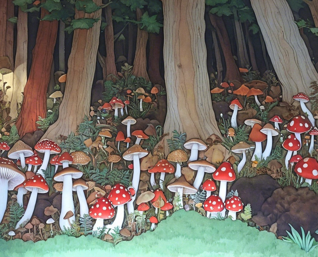 Whimsical Forest Scene with Colorful Mushrooms