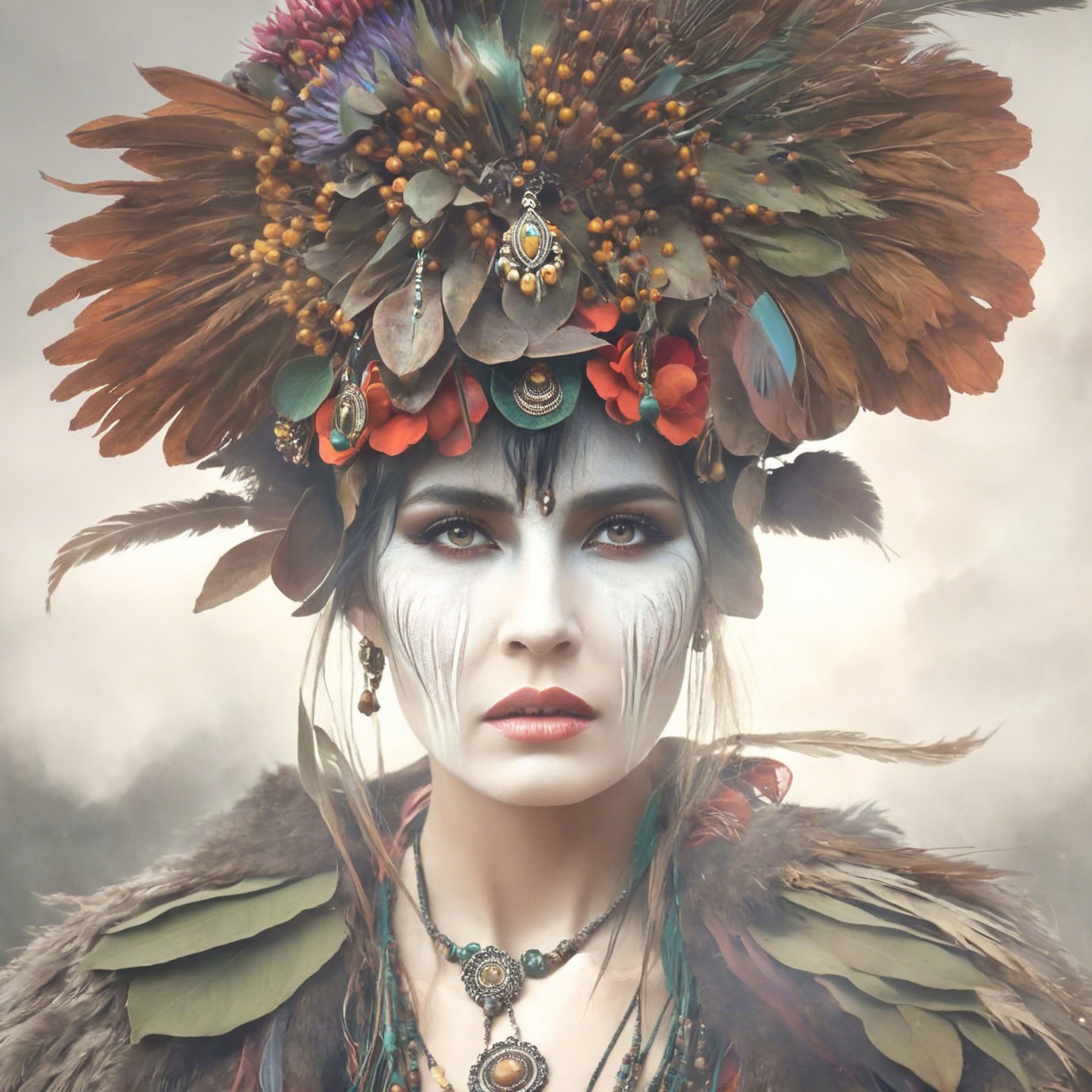 Portrait of a woman in an elaborate feather headdress