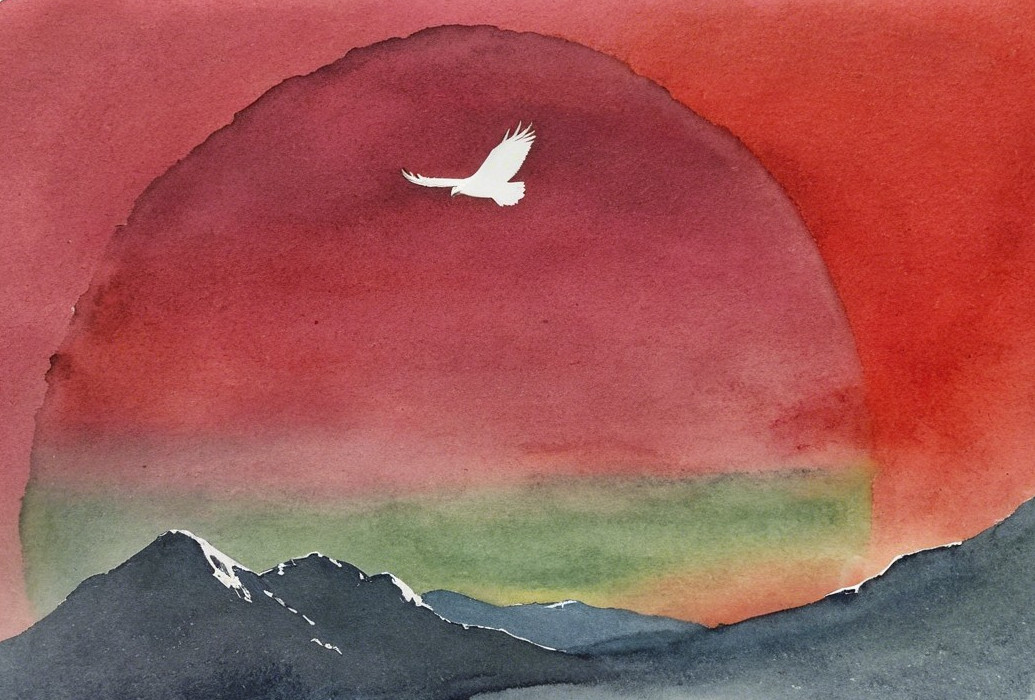 Watercolor Landscape of Mountains at Sunset