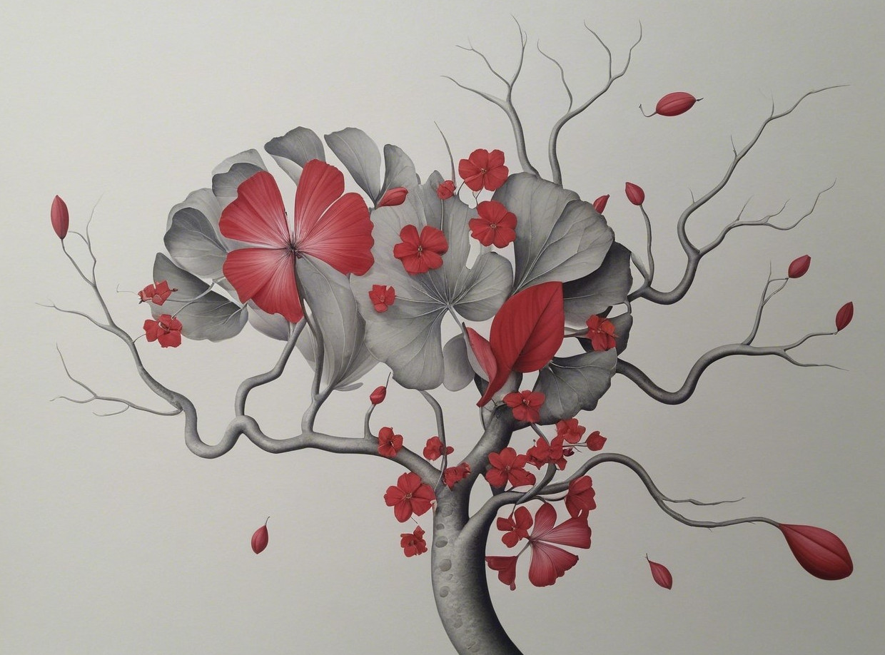 Stylized Tree with Red Flowers and Gray Leaves
