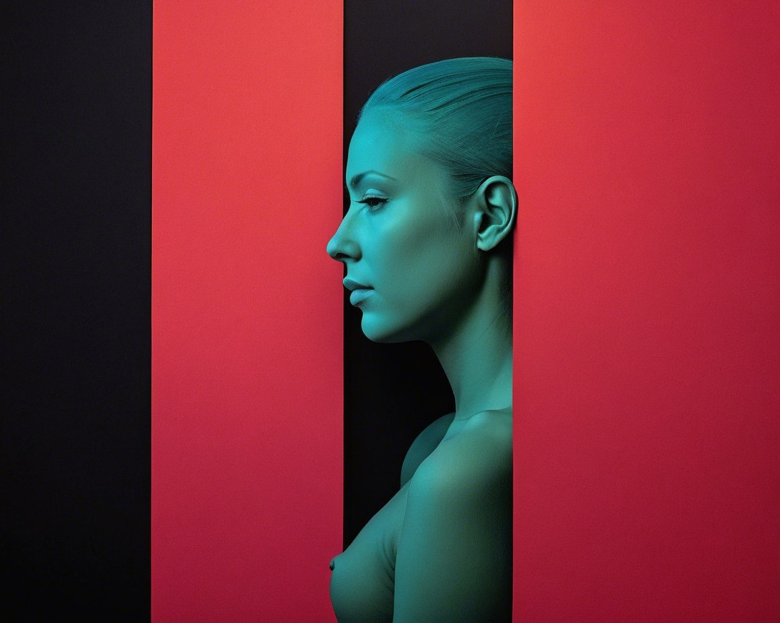 Profile of a Woman with Turquoise Skin and Striped Background
