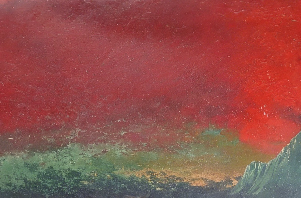 Abstract Landscape with Red Sky and Dark Green Hills