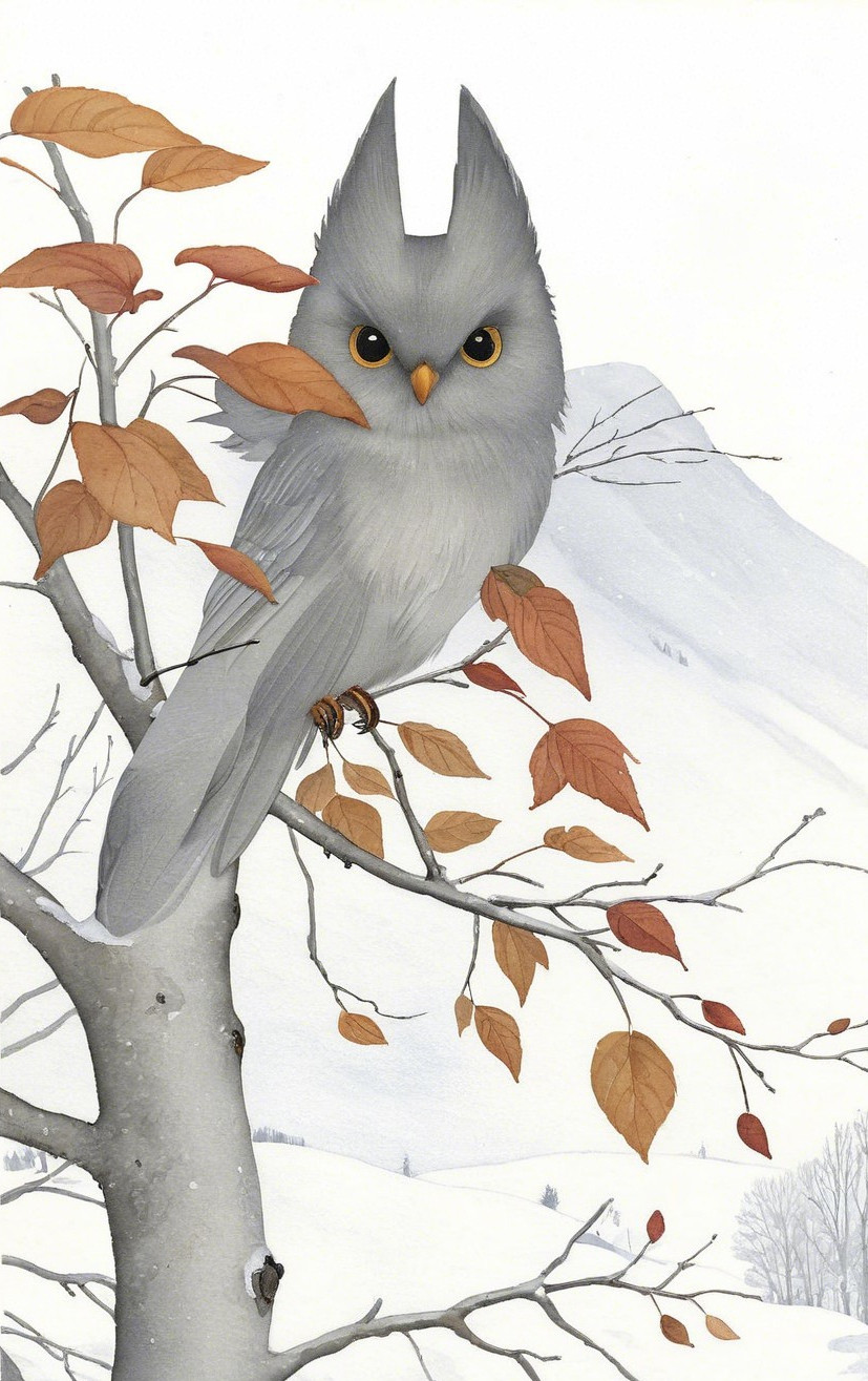 Whimsical Gray Owl on Autumn Branch with Mountains