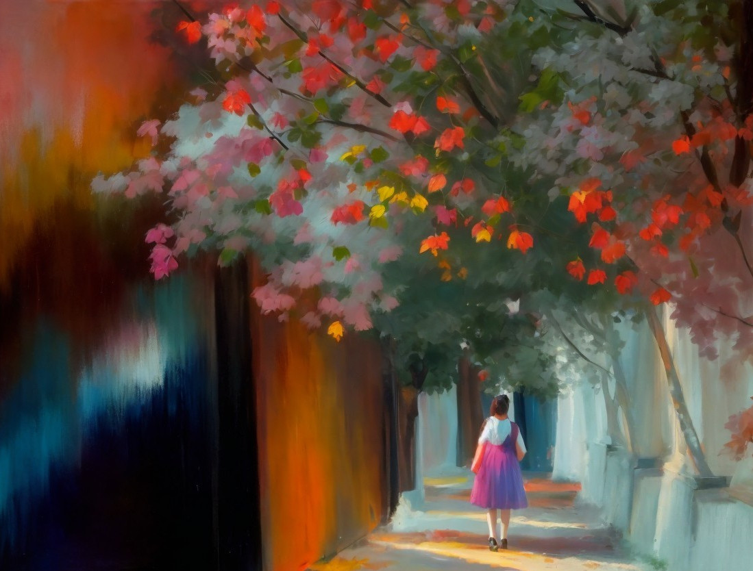 Autumn Scene with Girl in Pink Dress and Colorful Foliage