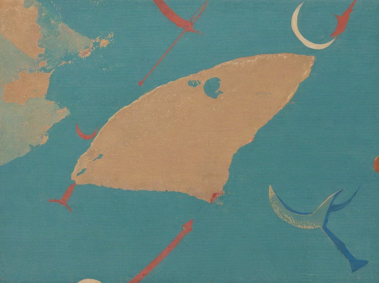 Abstract Fish Shape in Beige on Blue Background