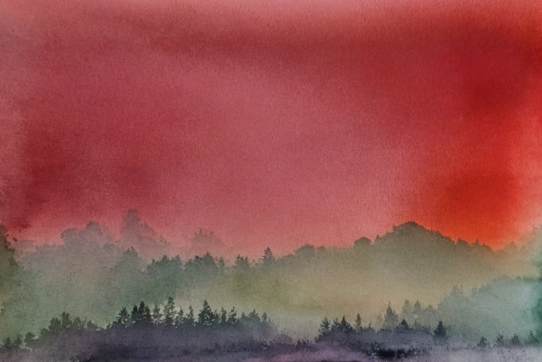 Serene Watercolor Landscape with Gentle Hills and Forests