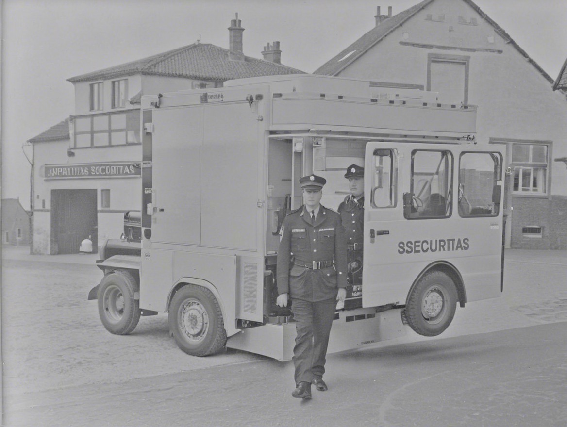Black-and-White Scene of Security Officers and Vehicle