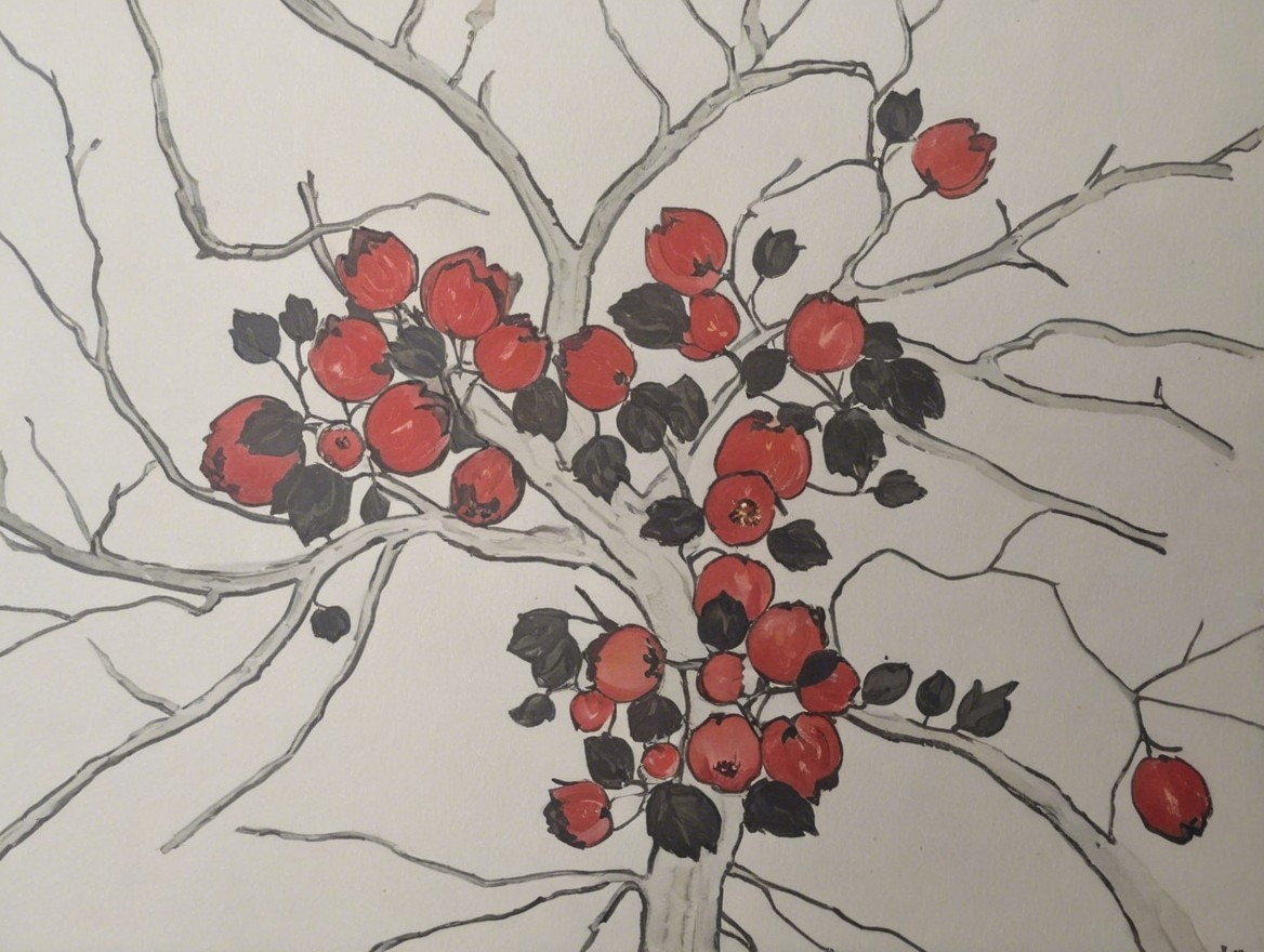 Illustration of a tree branch with red apples and leaves