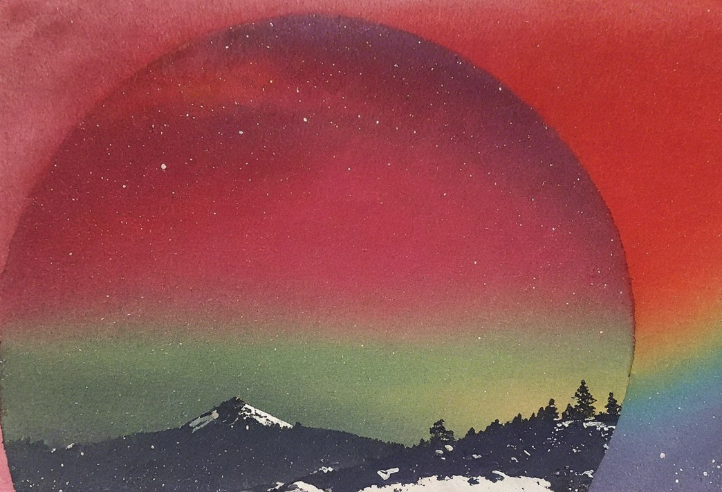 Surreal landscape with vibrant colors and mountain silhouette