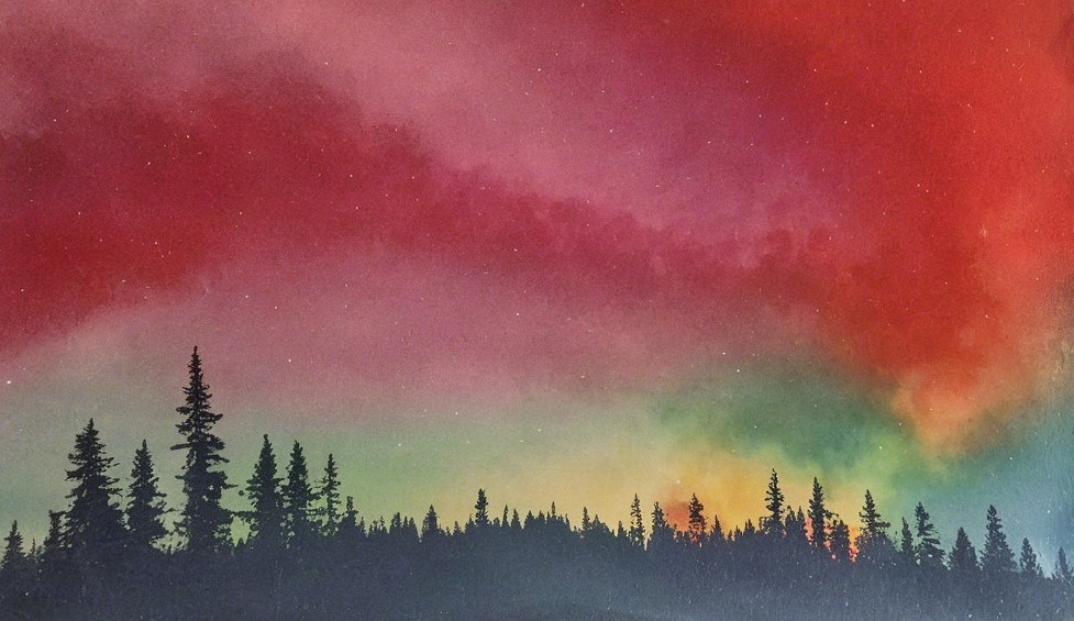 Vibrant Sky with Evergreen Trees in Scenic Landscape
