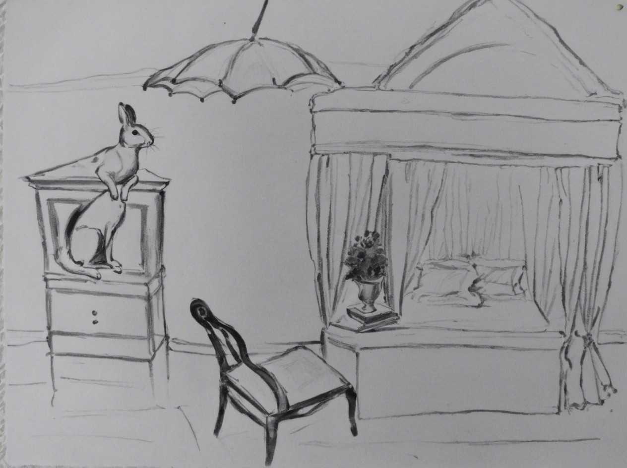 Whimsical Bedroom Scene with Canopied Bed and Rabbit