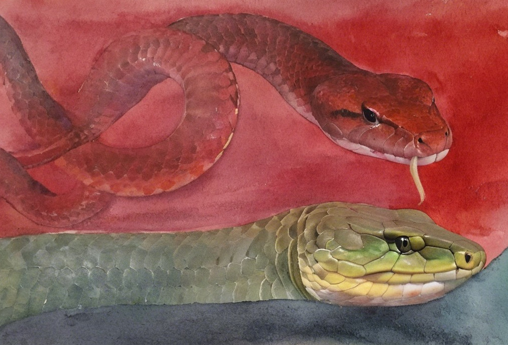 Watercolor Painting of Two Snakes on Red Background