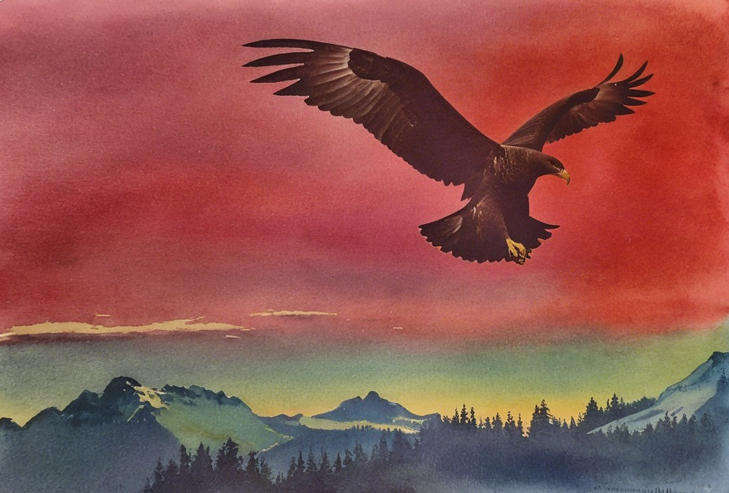 Eagle Soaring Against Vibrant Sunset Over Mountains