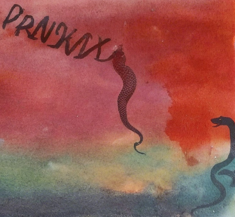 Vibrant Watercolor of Sunset with Snakes and Letters