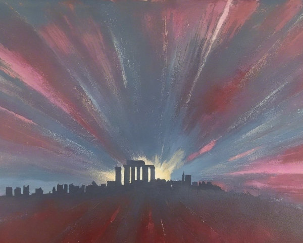 Dramatic Sunset Over Silhouette of Ancient Ruins