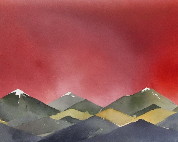 Watercolor Landscape of Mountains and Red Sky