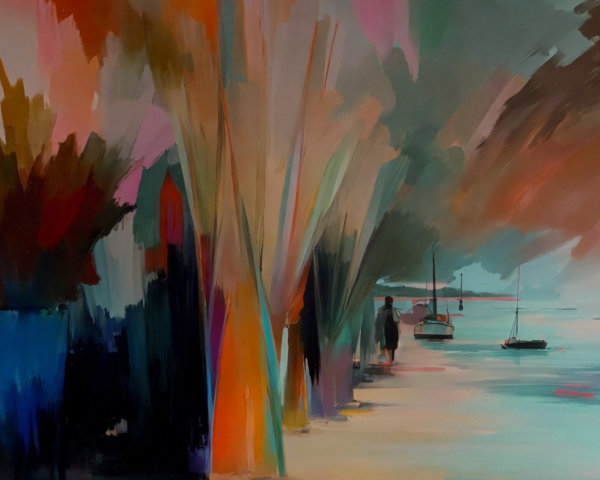 Vibrant Abstract Landscape with Colorful Trees and Water