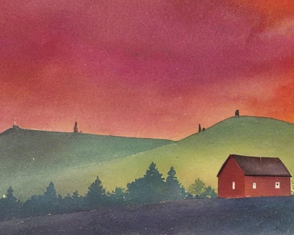 Serene Landscape with Red House and Vibrant Sunset