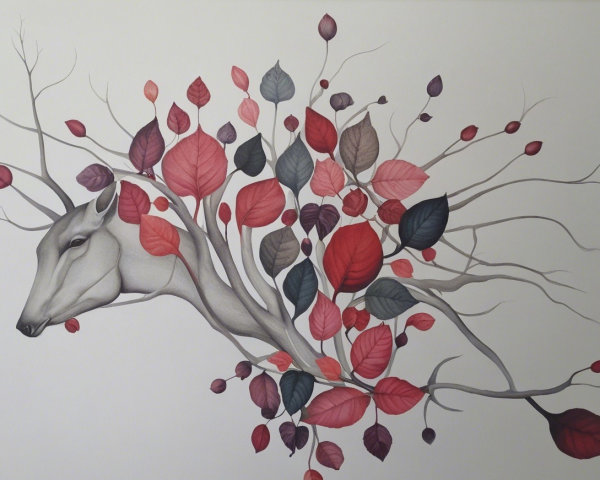 Stylized deer head merging with branches and leaves