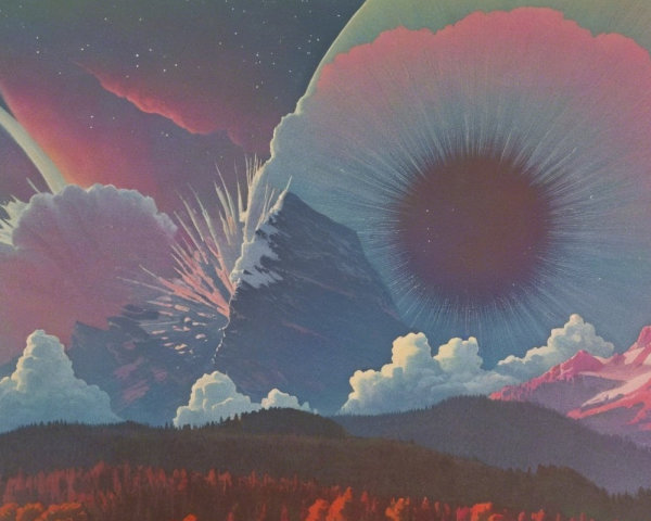Surreal Cosmic Landscape with Mountains and Stars