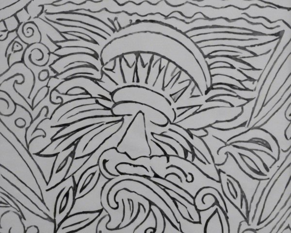 Black-and-white illustration of a patterned face