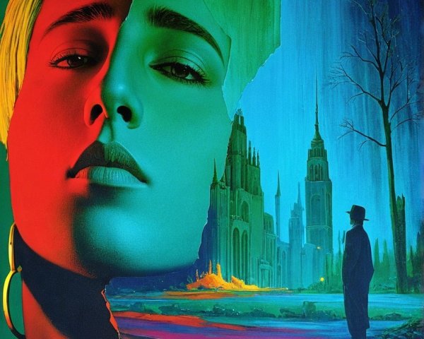Vibrant Split Design of Woman's Face with Surreal Landscape