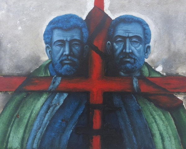 Mural of Two Male Figures with Blue Faces and Red Cross