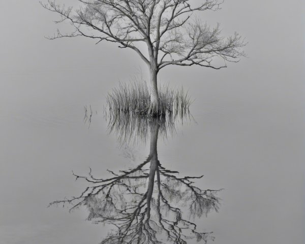 Monochromatic Photo of Tree and Reflection in Water