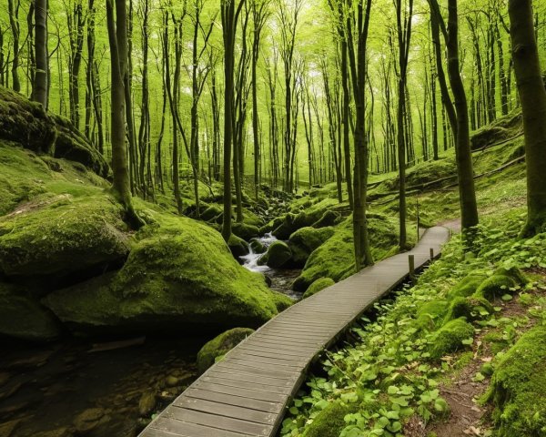 Serene Forest Scene with Lush Trees and Stream