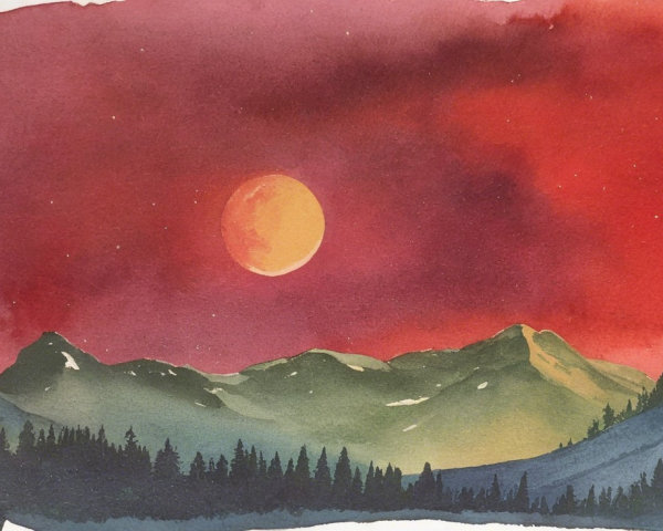 Twilight Watercolor Landscape with Moon and Mountains