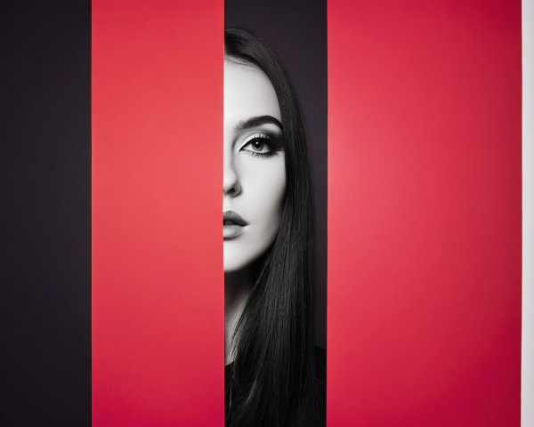 Close-up of a woman's face with bold color strips