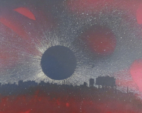 Celestial Artwork with Eclipsed Sun and Silhouetted Buildings