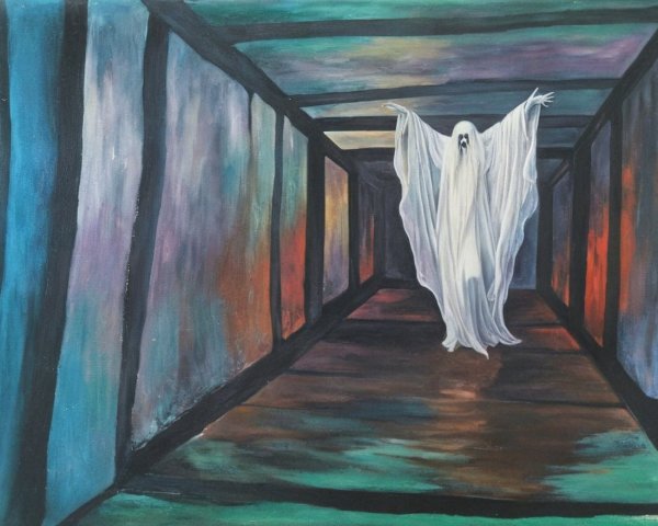 Ghostly Figure in Dim Corridor with Abstract Colors