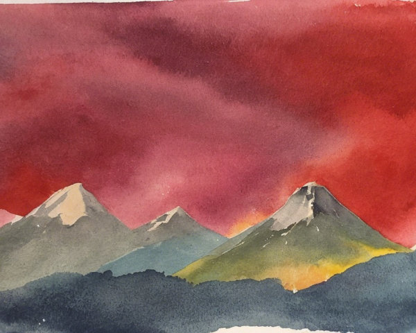 Watercolor Painting of Mountains and Dramatic Sky