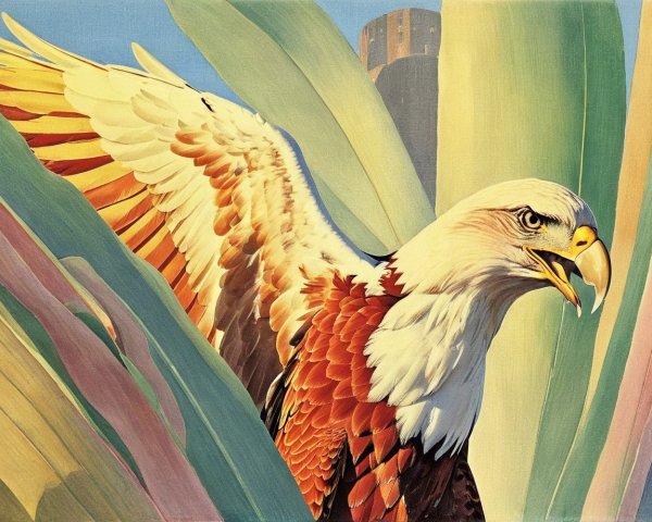 Eagle in Flight with Vibrant Plumage and Green Leaves