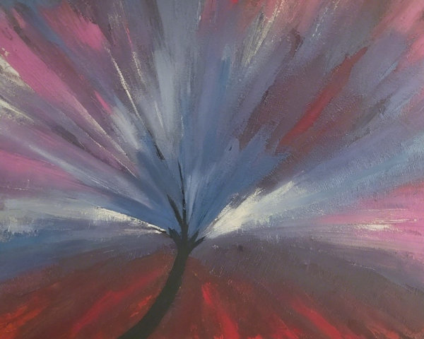 Vibrant Abstract Painting with Tree Silhouette and Colorful Background