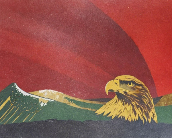 Golden Eagle Against Dark Mountains and Red Sky