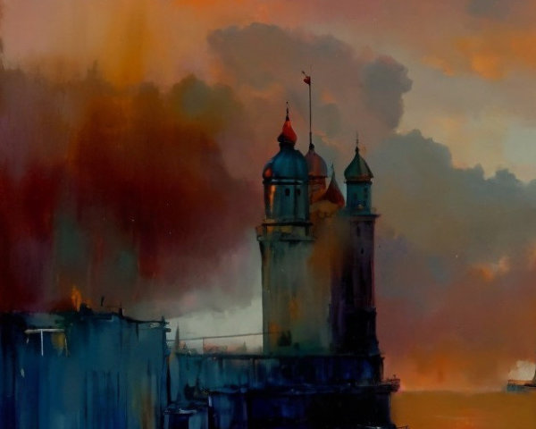 Dramatic Sunset Over Serene Waterfront with Towers
