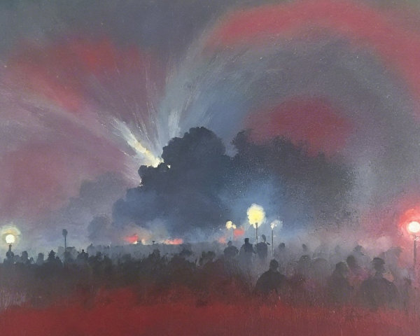 Dramatic Night Scene with Silhouettes and Hazy Lights