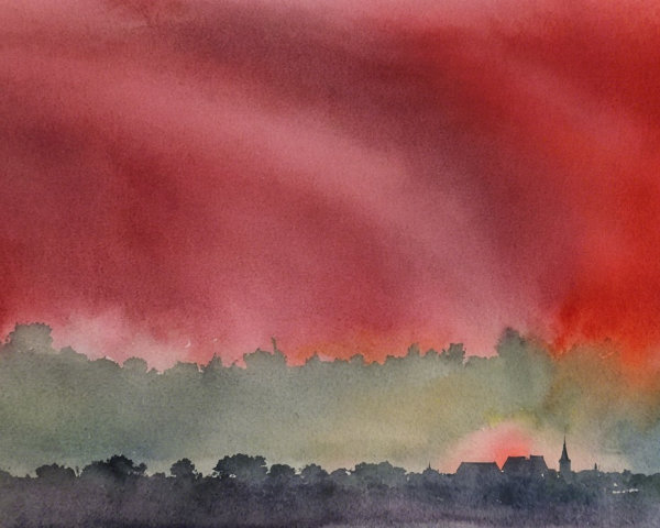 Watercolor Painting of Dramatic Skyline at Sunset