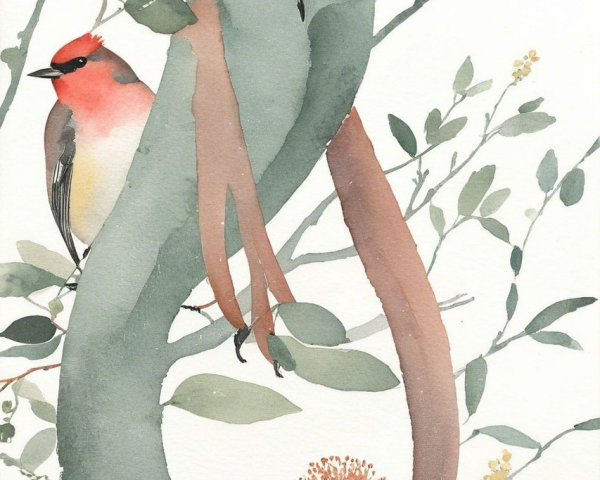 Watercolor Owl and Bird in Nature-Inspired Scene