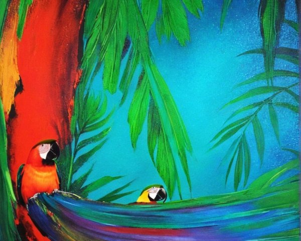 Vibrant Parrots on Colorful Branch in Rainforest Scene
