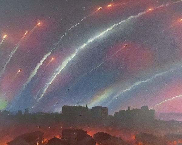 Dramatic Night Sky with Vibrant Streaks and Urban Silhouettes