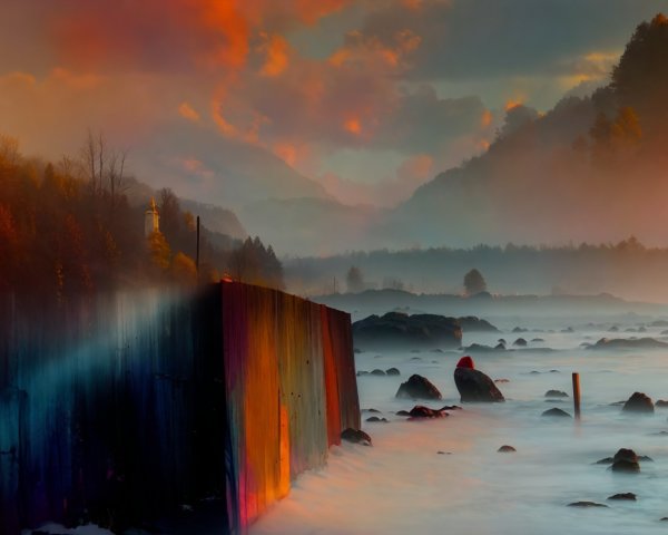Serene Landscape with Misty Waters and Colorful Wall