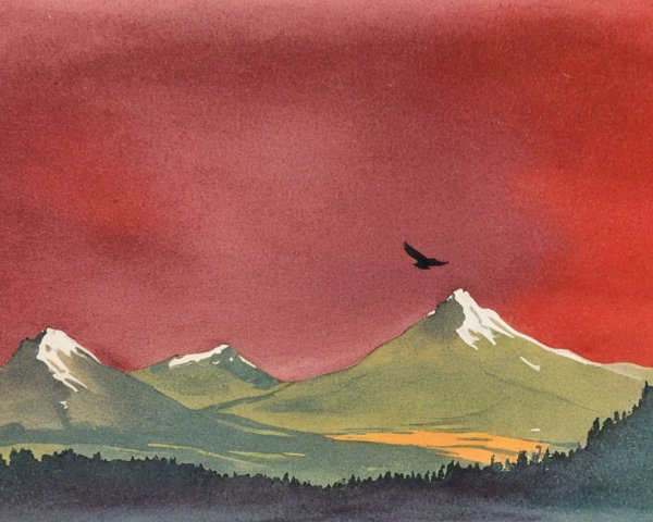 Serene Mountain Landscape at Dusk with Snow-Capped Peaks