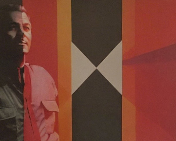 Collage of a Man with Geometric Red Design Background