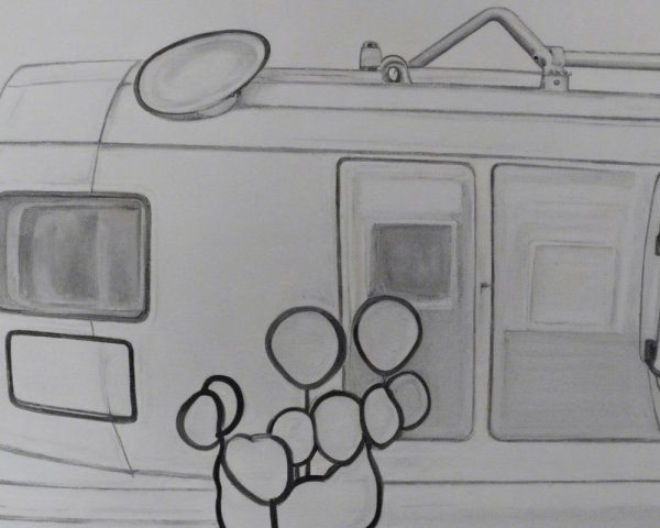 Train Car Drawing with Abstract Figures in Monochrome