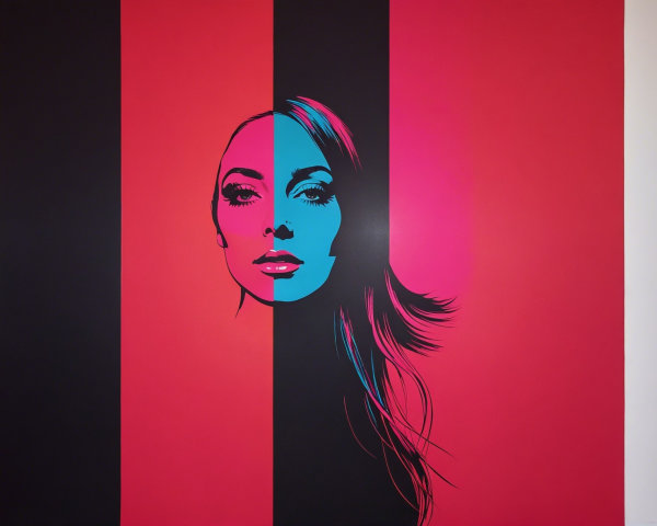 Mural of a woman's face with bold pink and black stripes