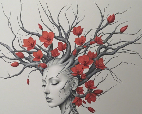 Artistic Representation of Woman with Tree Branch Hair
