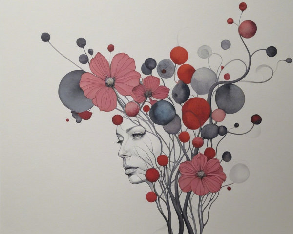 Stylized Female Face with Floral and Abstract Elements